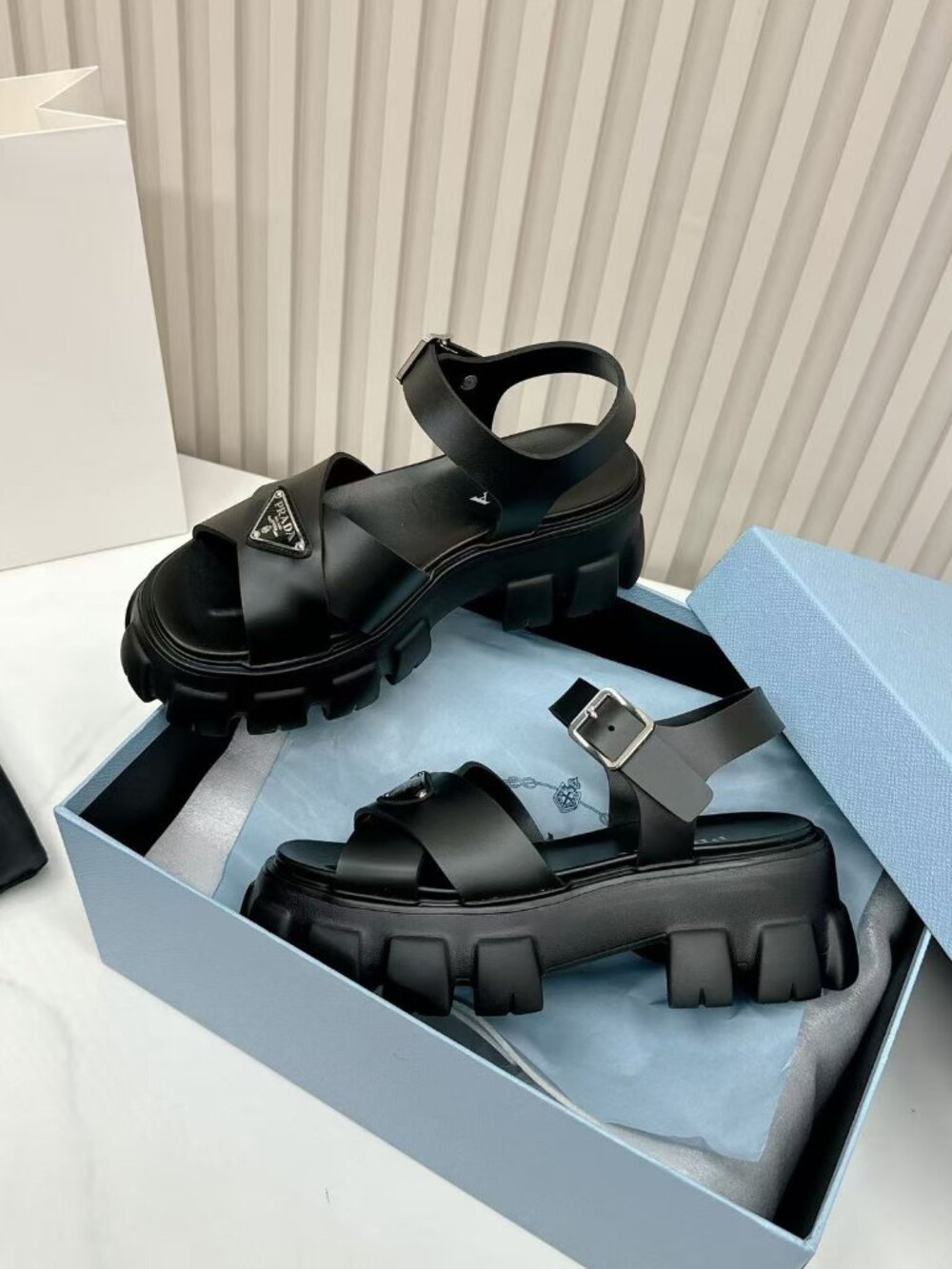Prada Black Woven Cage Strap Lug Platform Roman Sandals